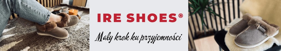 Brązowe i szare bambosze na banerze marki IRE SHOES z logo i hasłem