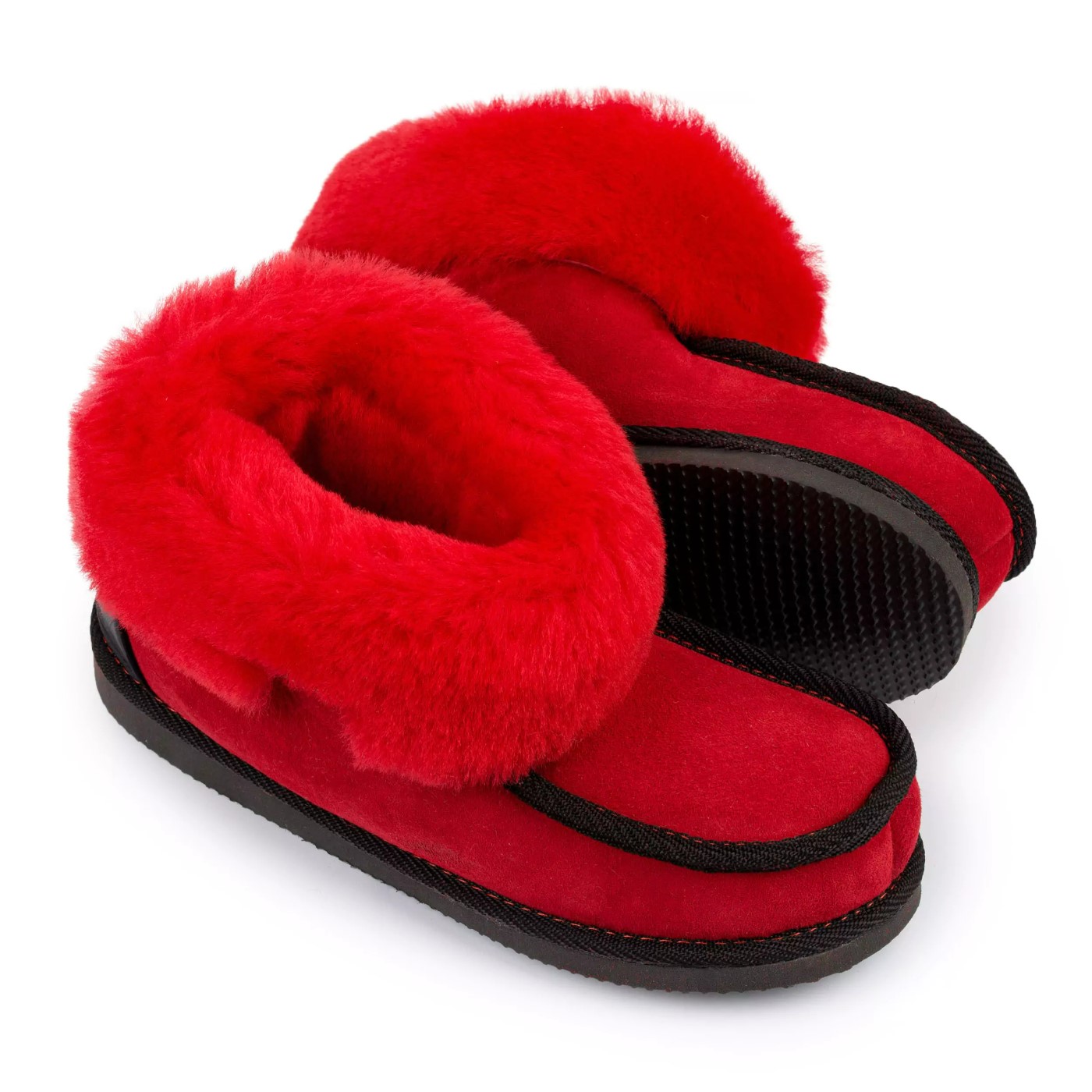 Czerwone bambosze IRE SHOES BWG2201-018 z puszystym kołnierzem – para i spód podeszwy