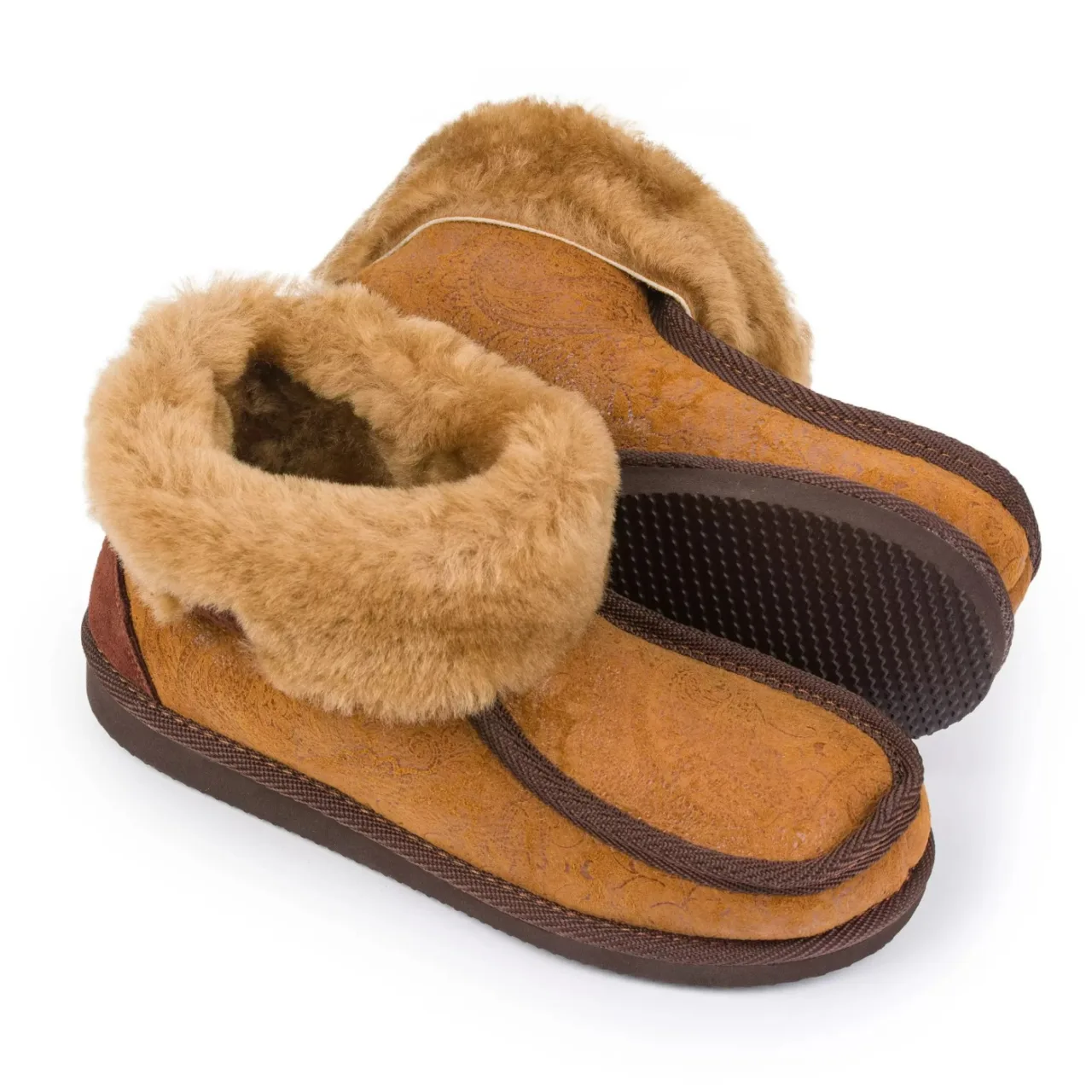 Brązowe bambosze BWG2213f/21-053 z ornamentem — para i ciemny spód
