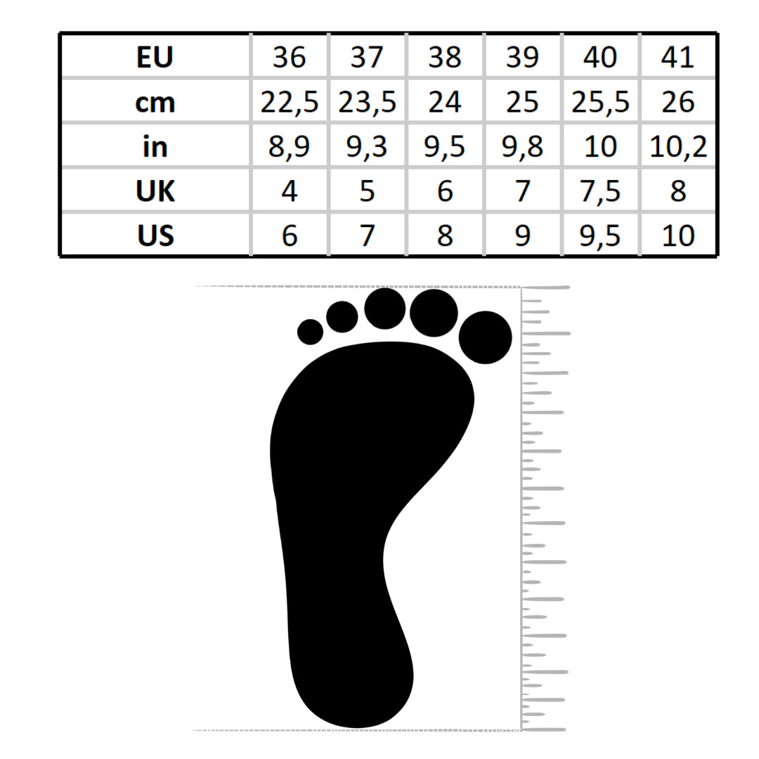 Tabela rozmiarów EU 36–41: długość stopy 22,5–26 cm oraz odpowiedniki UK i US