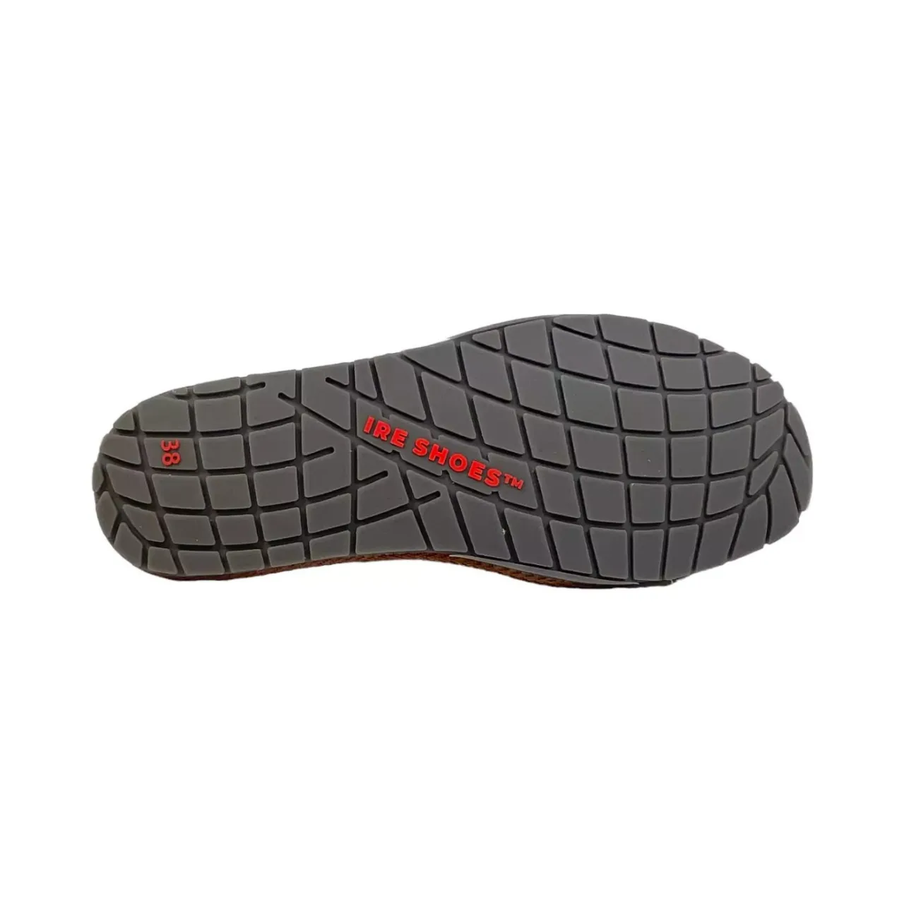 Ciemny spód podeszwy KDOpvc23-142 z rowkami i czerwonym logo IRE SHOES